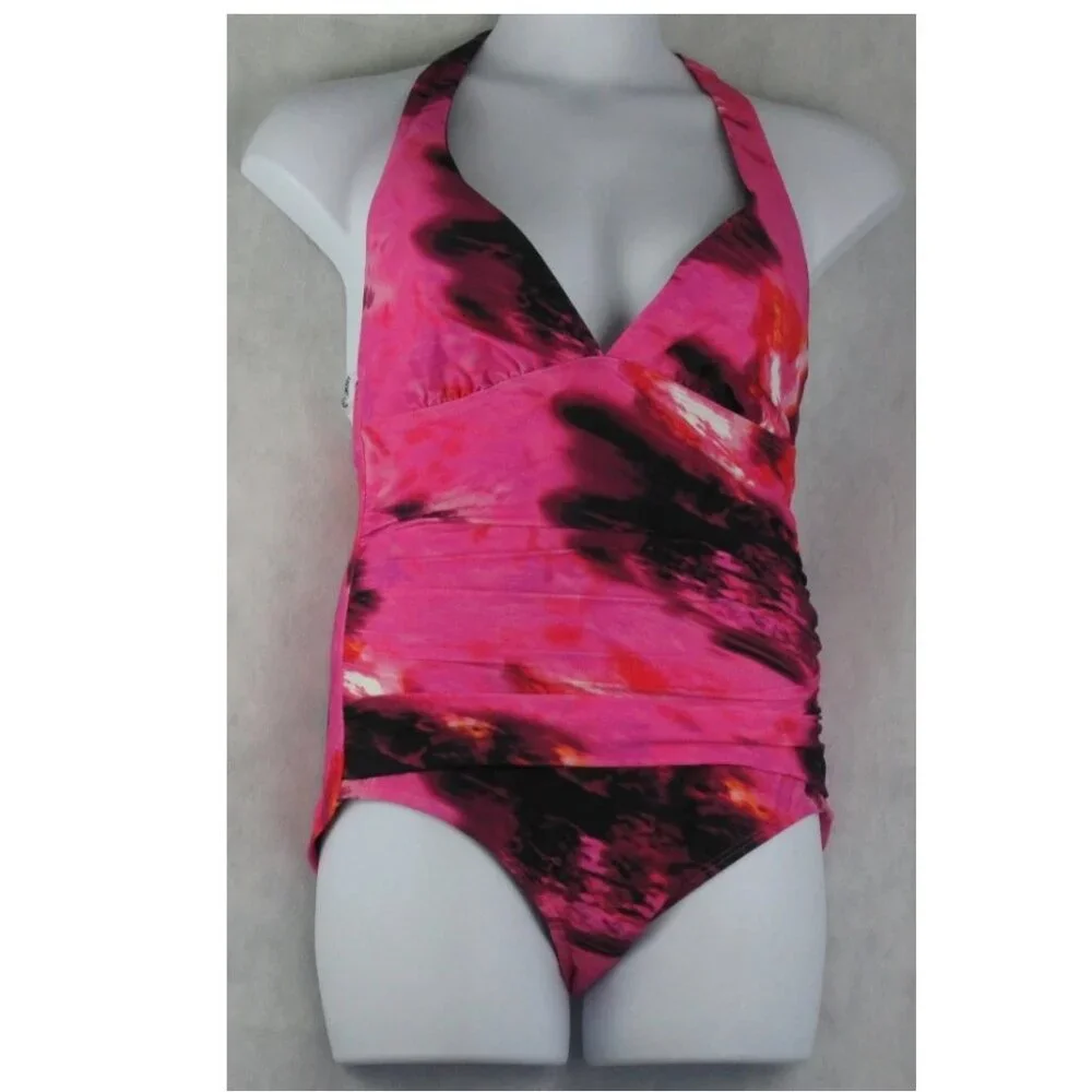 NWT DKNY Women's Plunge V-Neck Halter Style One-Piece Swimsuit, Pink Multi - Picture 4 of 6
